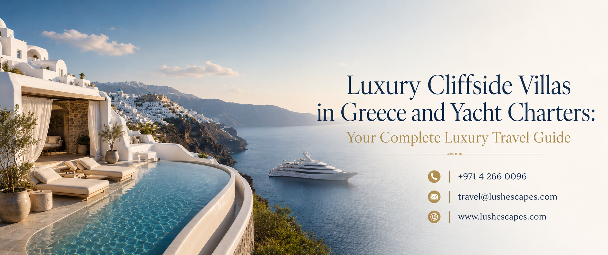 Luxury cliffside villa overlooking the Aegean Sea with a private yacht anchored nearby in Greece.